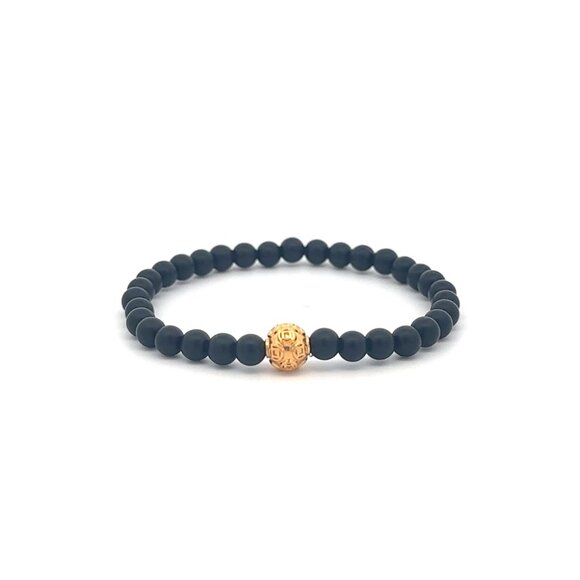 18K Gold Money Coin Ball Lucky Bracelet Mini Gemstones Black Matte Onyx 4mm - Picture 1 of 6
